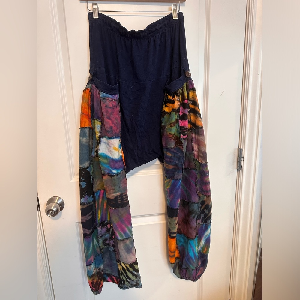 Tie Dye Patchwork Cotton Women Harem Pants in Navy - Picture 5 of 9